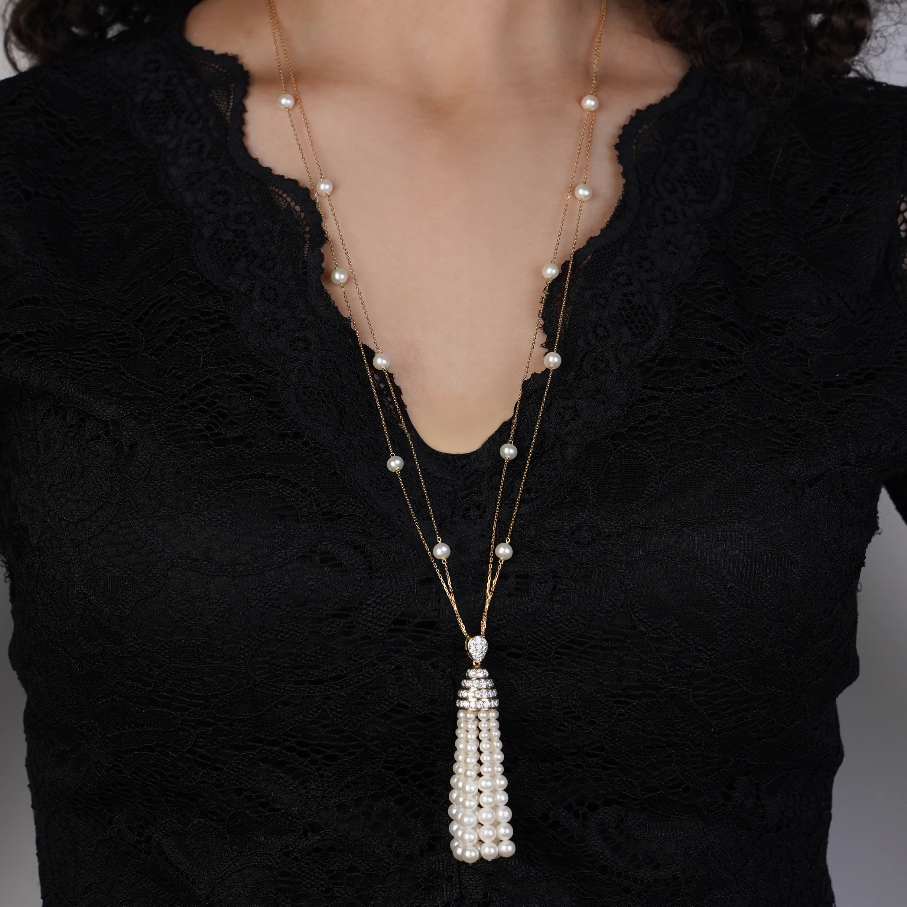 18k Yellow Gold Long Necklace with Pearls & Zircon Stones | Danah Collection - Image 2