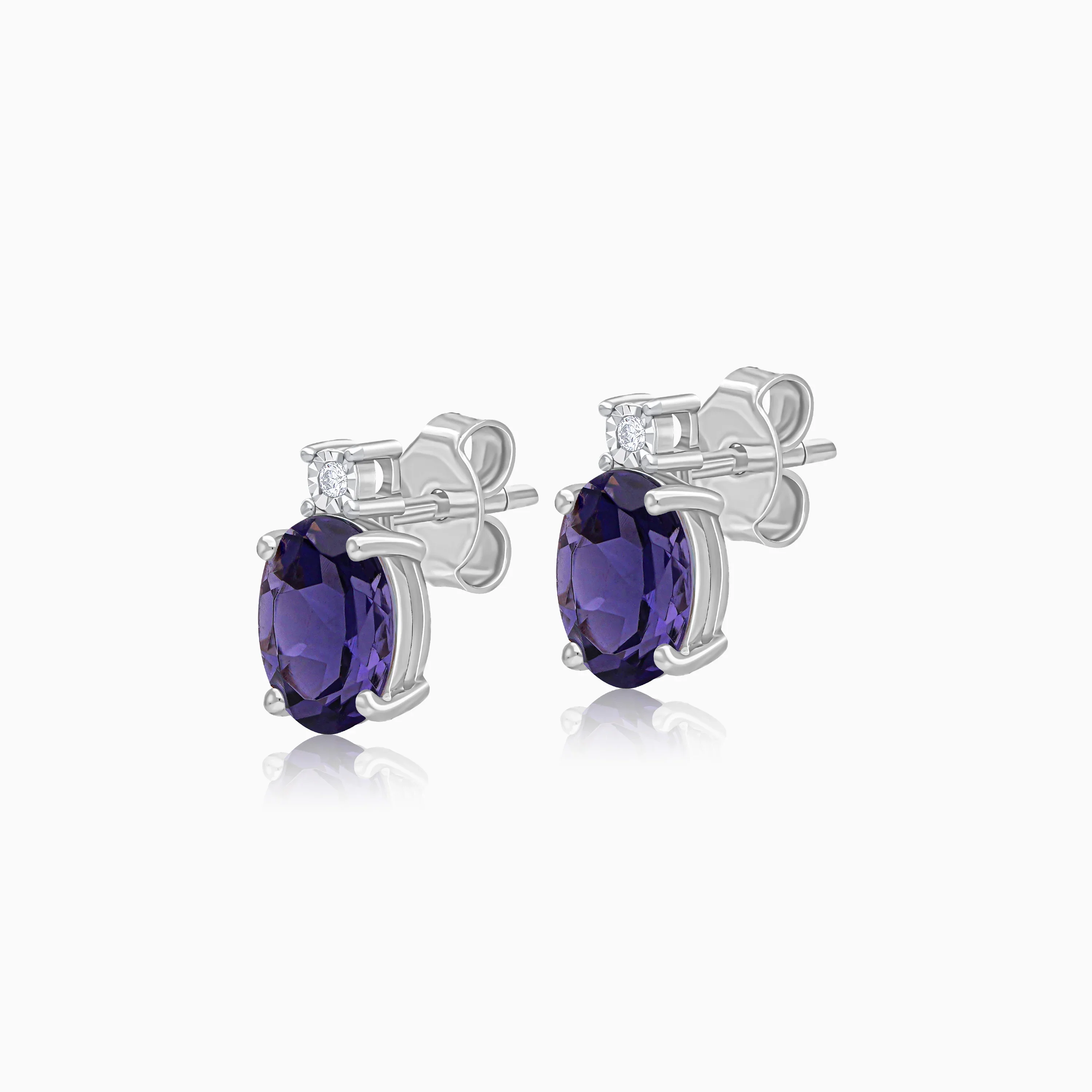 Premium Iolite and Natural Diamond Stud Earrings in 18k White Gold - Image 2