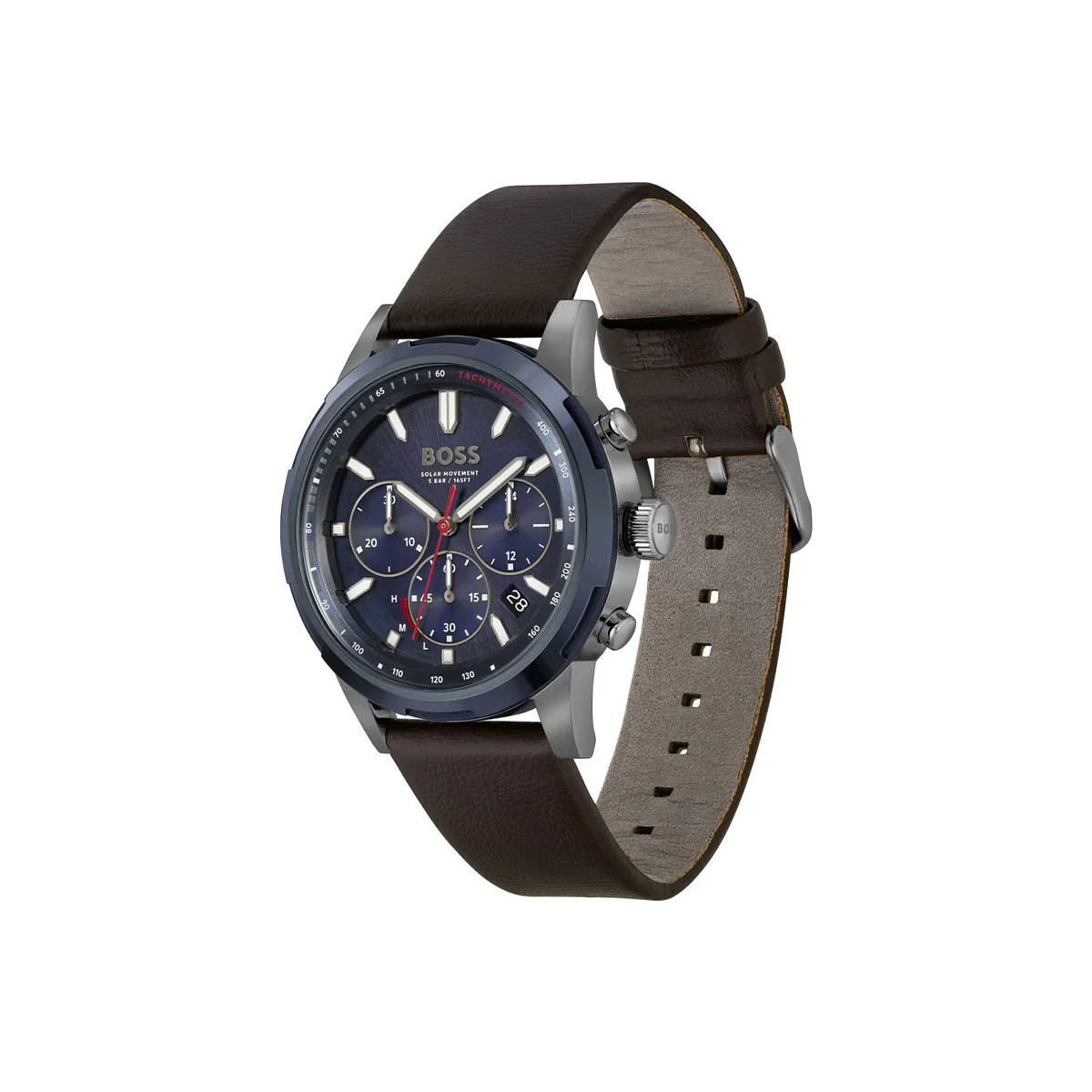 Boss Watch Quartz Solar movement in a Round case with Brown Leather Strap and Blue Dial - Image 3