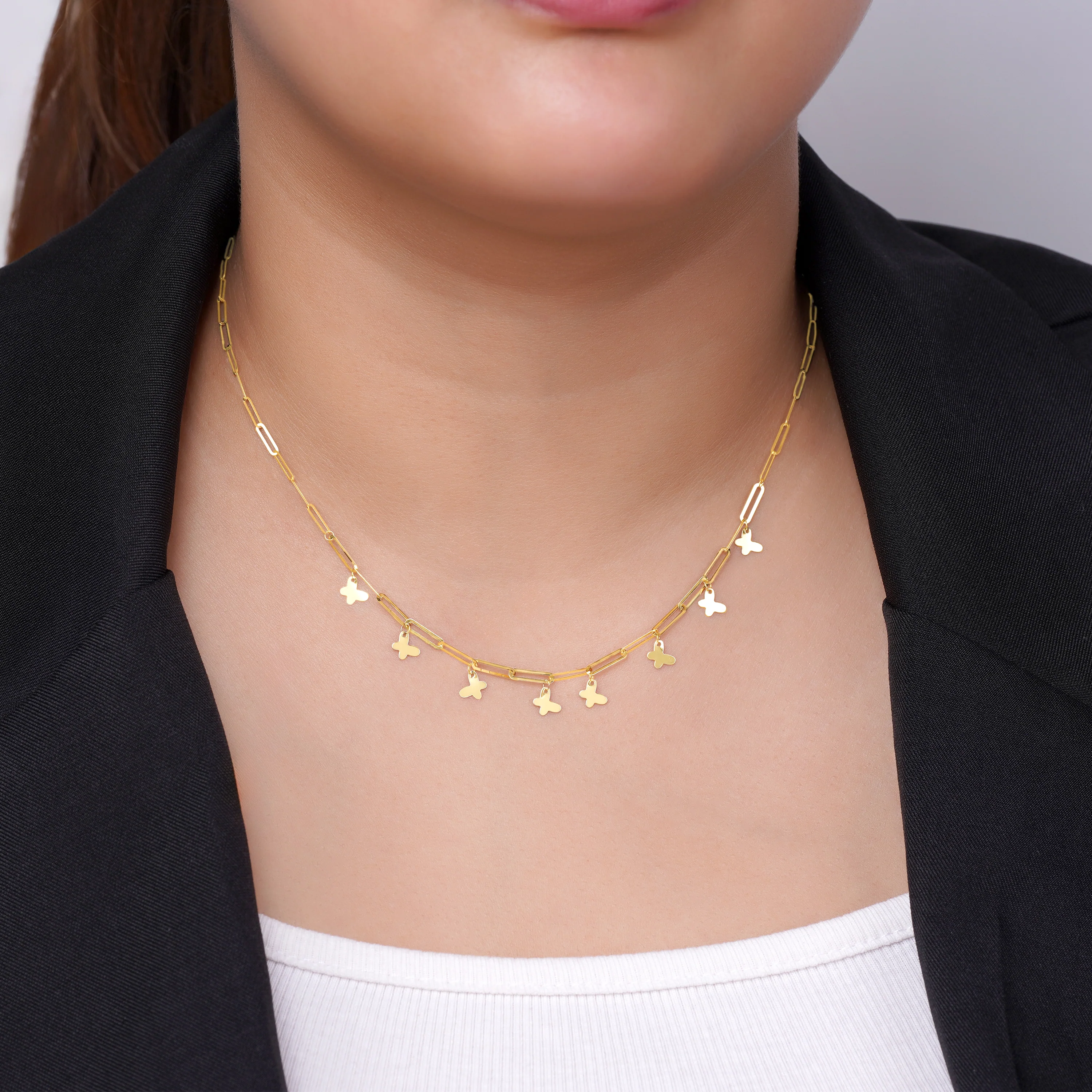 Rectangular Paperclip Necklace in 18k yellow gold with hanging butterflies | Jawhara Collection - Image 2