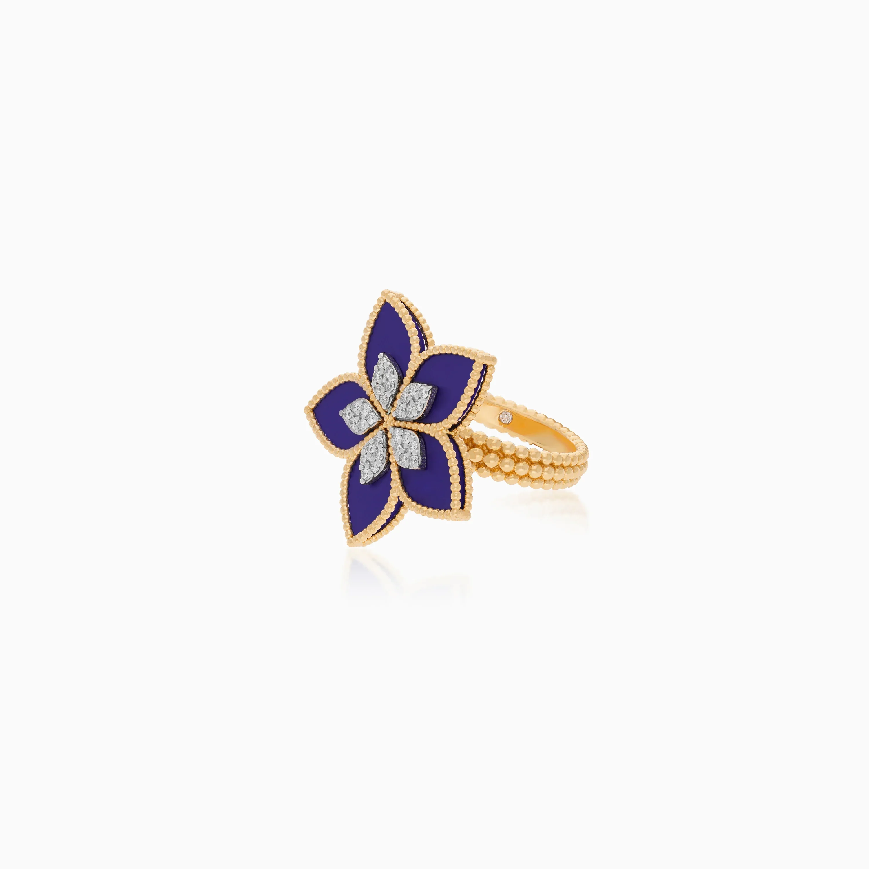 18K Yellow Gold Floral Ring with Diamonds and Lapis Lazuli - Fortuna Diamond Collection - Image 3